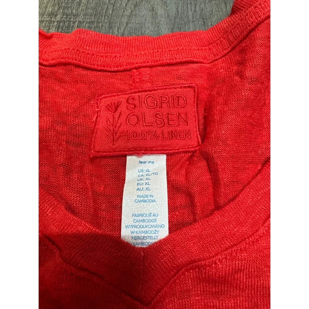 Sigrid Olsen Red 100% Linen V-Neck Short Sleeve T-Shirt Womens XL